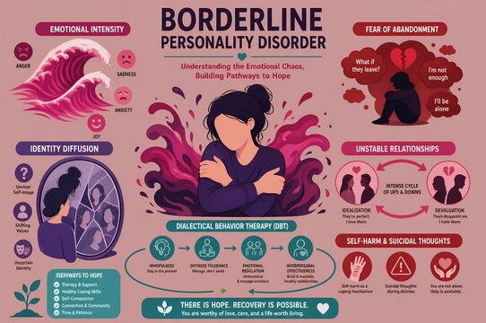 Borderline personality disorder BPD infographic illustration of emotional dysregulation and DBT therapy