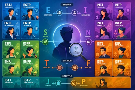 MBTI personality types infographic chart of psychological theory indicators and traits