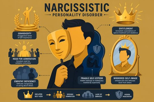 Narcissistic personality disorder NPD infographic illustration of grandiosity and fragile self esteem