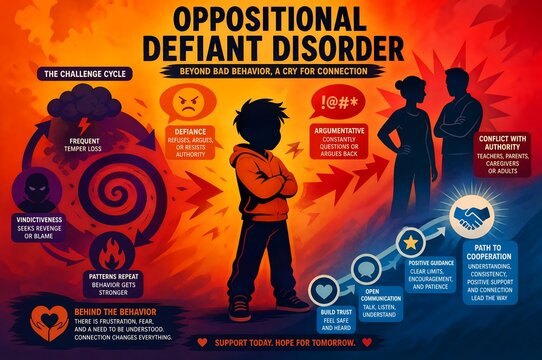 Oppositional defiant disorder ODD infographic illustration of adolescent defiance and behavior cycle