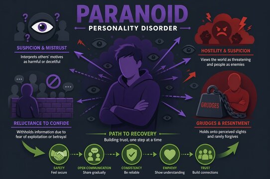 Paranoid personality disorder PPD infographic illustration of chronic mistrust and recovery path