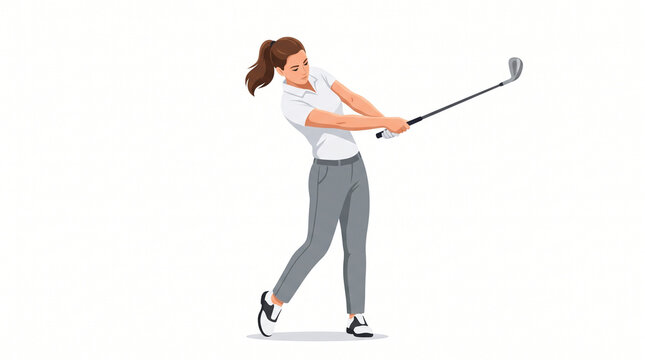Professional Female Golfer Performing Full Swing on White Background