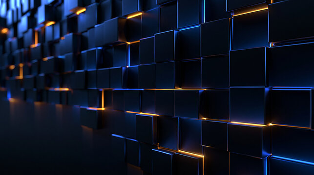 Abstract Futuristic 3D Geometric Cube Wall with Golden Glow