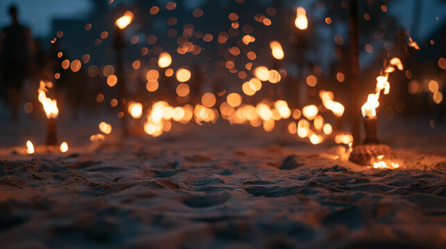 Tiki Torches Glowing on Sandy Beach During Evening Celebration