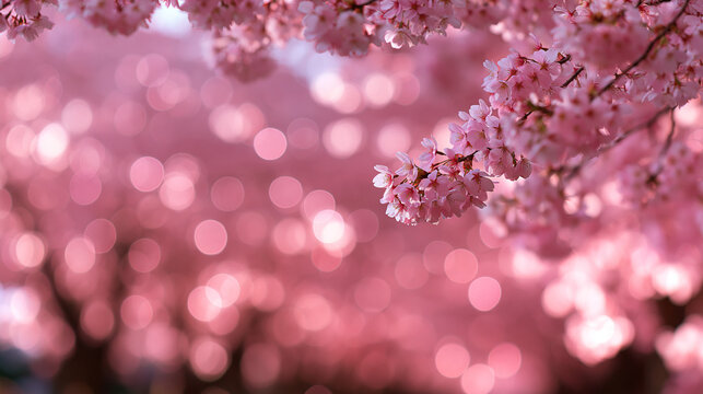 Cherry Blossom Flowers Blooming with Soft Pink Bokeh Background