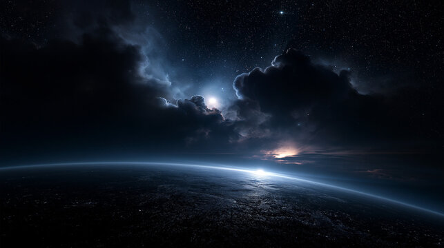 Earth Horizon from Orbit with Rising Sun in Deep Space