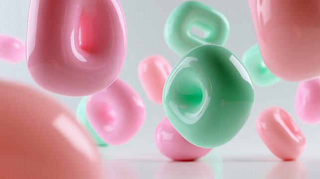 Floating Glossy Pink and Mint 3D Abstract Shapes