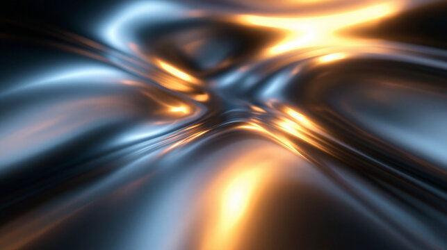 Abstract Liquid Metal Wave Background with Golden and Blue Light