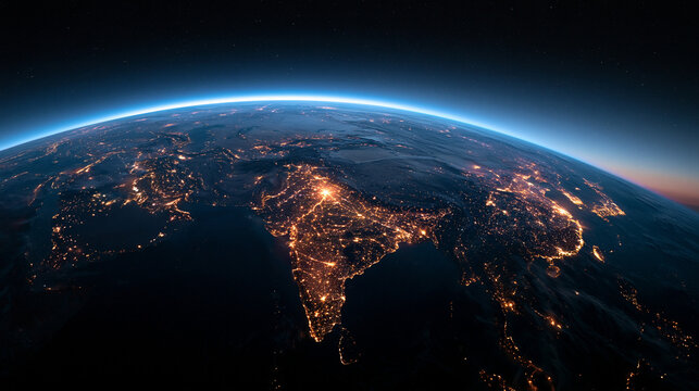 Earth at Night with Illuminated City Lights from Space