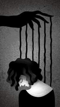 sad woman controlled like a puppet by a manipulator