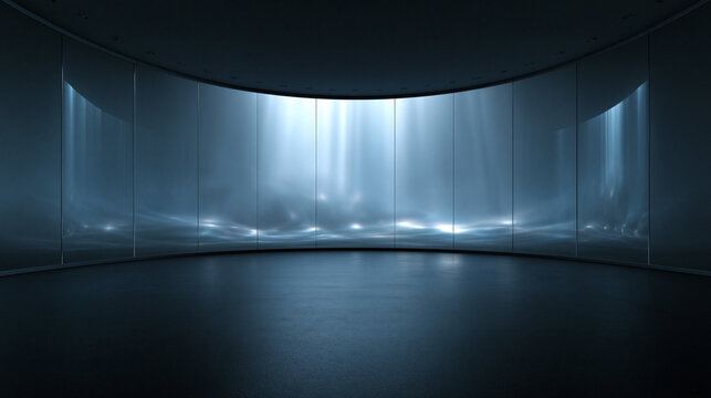 Futuristic Empty Curved Showroom Interior with Abstract Light Screen