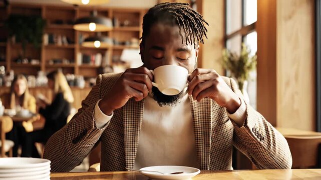Black man in blazer enjoying coffee in cafe.