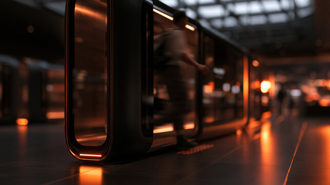 Commuter Boarding Futuristic Train Pod at Modern Station