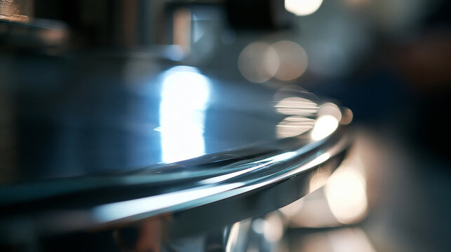 Close-up of Polished Chrome Metal Rim with Bokeh Background