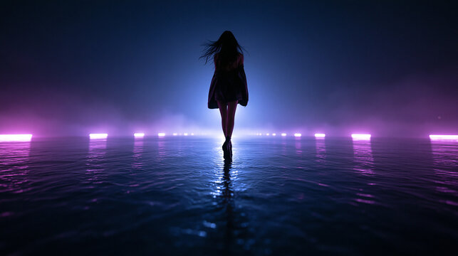 Silhouette of Fashion Model Walking on Wet Runway at Night