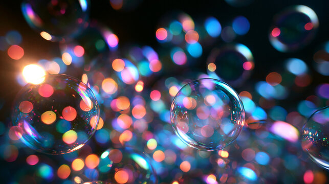Transparent Soap Bubbles Floating with Colorful Bokeh Background
