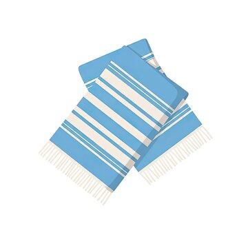 Folded blue and white striped beach towels with fringe isolated on white background