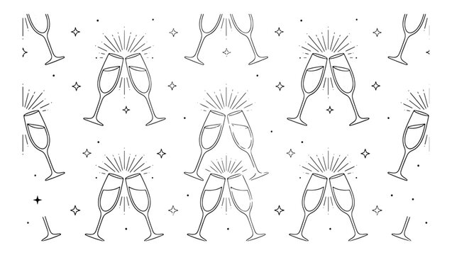 Seamless pattern of champagne glasses clinking together with sparkles in a minimalist black and white line art style