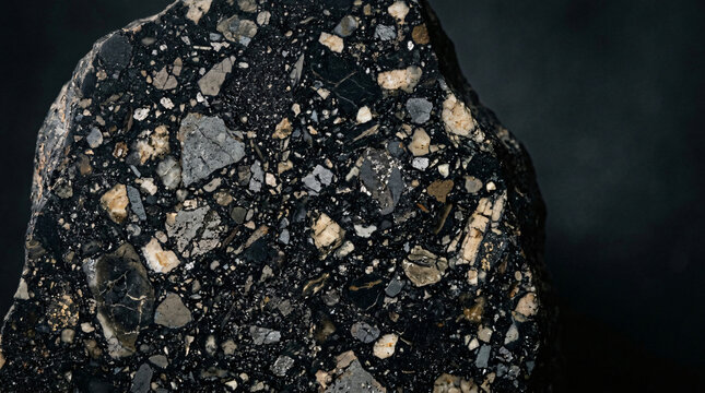 Minimalist Luxury Cosmic Meteoritic Breccia Stone Texture Background, Elegant Natural Fragmented Mineral Crust Patterns, Clean Crisp Dark Obsidian Grainy Noise Mockup Presentation Backdrop, Copy Space