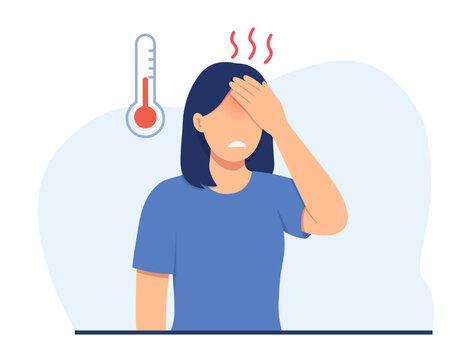 Woman with fever and high temperature, touching her forehead with a thermometer nearby. Flat vector illustration for illness, healthcare, medical, and wellness concepts.