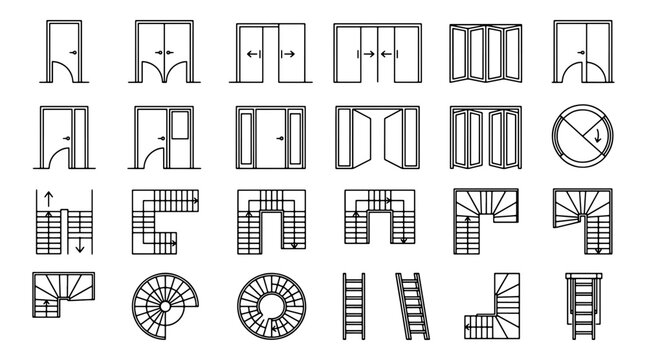 Set of architectural floor plan icons featuring various door types and staircase configurations in line art style