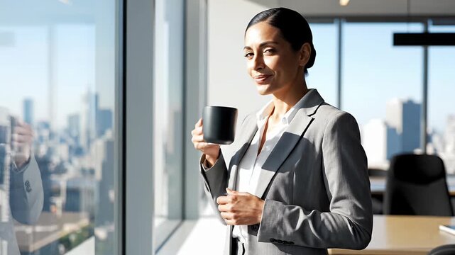 Businesswoman in grey suit looking out office window.