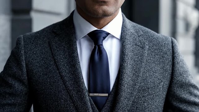Close up of man adjusting navy blue tie.