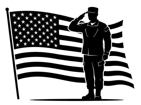 Black silhouette soldier saluting american flag design element isolated white background memorial day patriotic graphic illustration