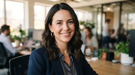Obraz premium Smiling professional businesswoman sitting at her desk in a modern open-plan office with colleagues working in the background