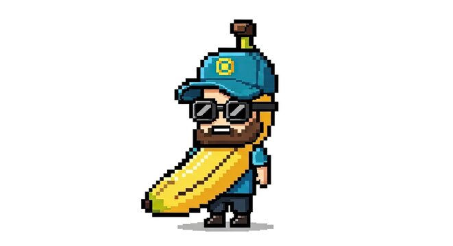Funny bearded man wearing a banana costume with sunglasses and cap in pixel art style