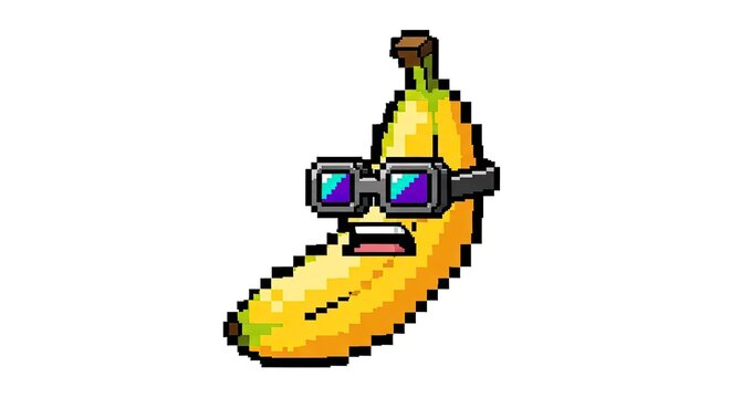 Cool banana character wearing sunglasses in retro pixel art style