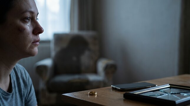 Sad woman with a bruised face sitting alone in a dimly lit room.