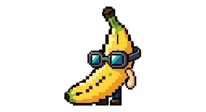 Cool banana character wearing sunglasses in retro pixel art style
