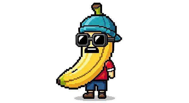 Cool pixel art banana character wearing sunglasses and a blue cap