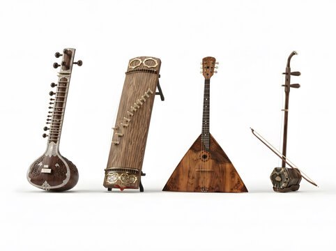 Set of three vintage handcrafted Indian musical instruments isolated on white background
