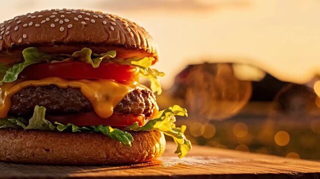 Gourmet cheeseburger on wooden table at sunset.