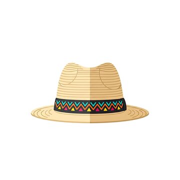 Stylish straw panama hat with colorful ethnic band isolated on white background