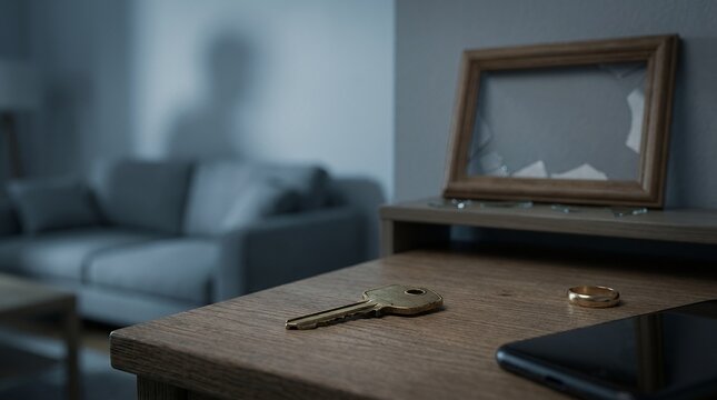 A single house key left on a wooden table with a broken picture frame in the background.