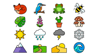 Obraz premium Nature and Wildlife Landscape Vector Icon Set Featuring Fox, Bird, Frog, Insects, Plants, Weather Elements, Mountains, Desert, and Ocean Wave for Outdoor Designs