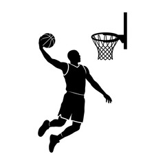 Basketball player dunking ball during game action with hoop isolated on white background © Sharif