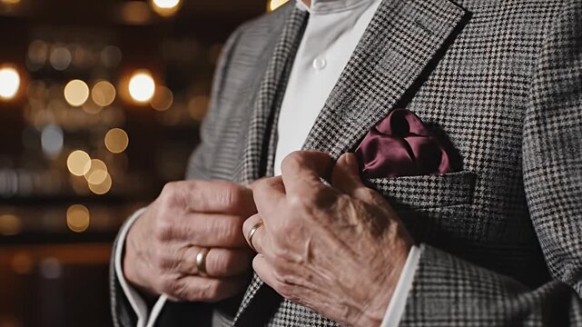 Hand adjusting pocket square on grey tweed blazer jacket.