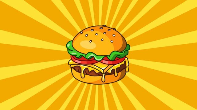 Fast Food Animation Hamburger on Yellow Sunburst background