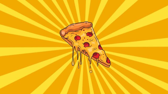 Digital Animation Slice Pizza appearing on screen on Sunburst Background