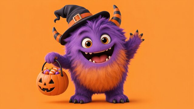 Fluffy purple monster wearing witch hat and holding pumpkin bucket with candy. Cute creature character celebrating Halloween. Friendly mythical beast for children holiday party design.