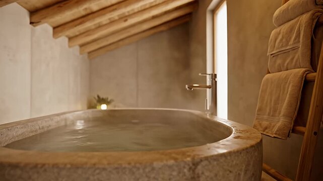 Luxury stone bathtub in rustic spa bathroom.