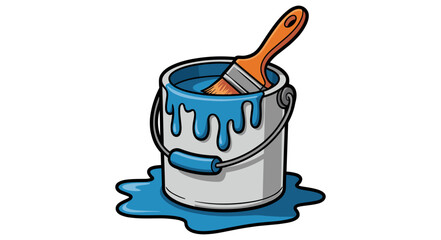 Open metal paint bucket dripping blue liquid with paint brush resting inside vector illustration isolated on background for home renovation repair concept © MdIbrahimIslam