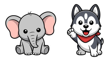 Naklejka premium Cute cartoon animal character vector set featuring a sitting baby elephant with big ears and a happy husky puppy dog waving with red bandana