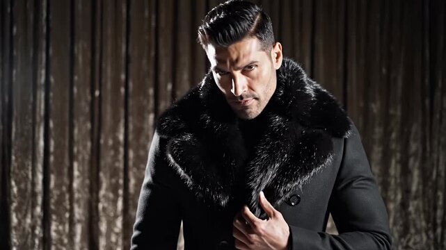 Man in black winter coat with fur collar.