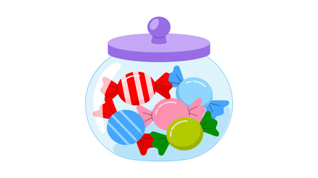 Colorful sweet candy glass jar vector illustration filled with assorted wrapped lollipops and striped confections topped with a purple lid