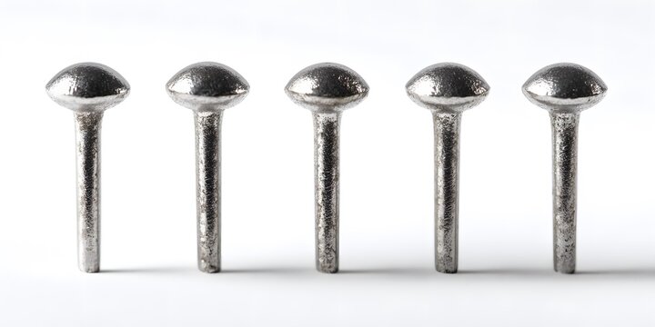 Five silver metal nails arranged in a neat row on a plain white surface.